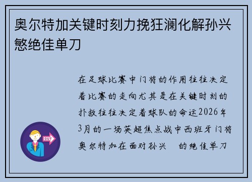 奥尔特加关键时刻力挽狂澜化解孙兴慜绝佳单刀