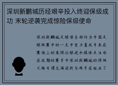 深圳新鹏城历经艰辛投入终迎保级成功 末轮逆袭完成惊险保级使命
